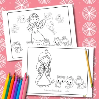 Princess coloring pages: Princess and pets - count and colour