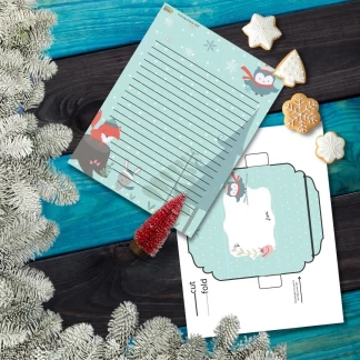 Christmas letter paper with penguins, foxes and snowflakes